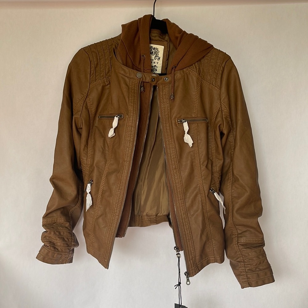 Tan Leather Hooded Jacket